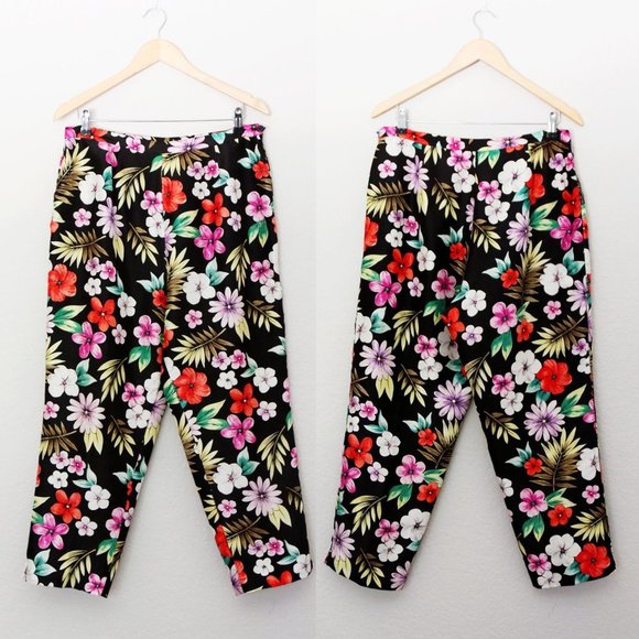 Silkland Women's 12 100% Pure Silk Tropical Vibrant Colorful Floral Pant Black - Picture 11 of 14